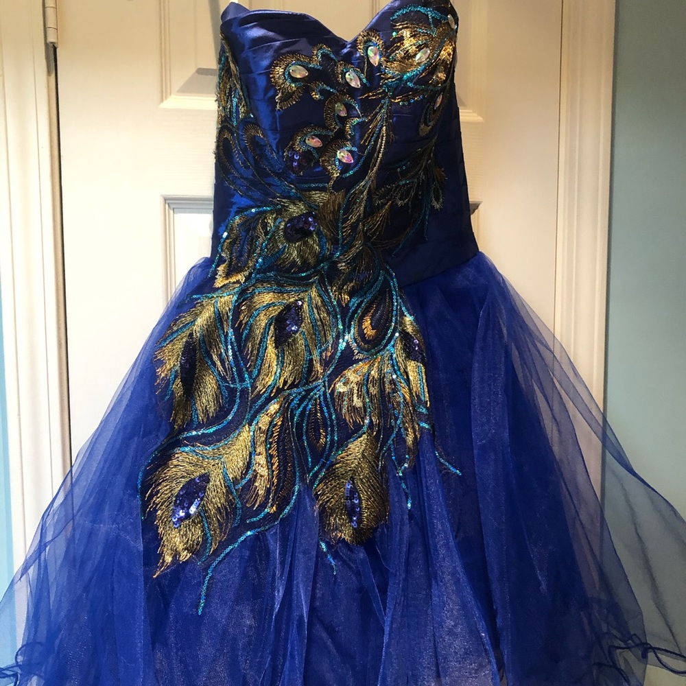Royal blue peacock prom party cocktail dress